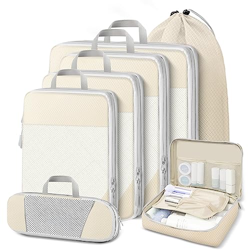 Otoomenz Compression Packing Cubes, 7 PCS Travel Luggage Packing Organizers with Mesh Extensible Suitcase Organiser Bags Set for Travel or Home Storage (White)