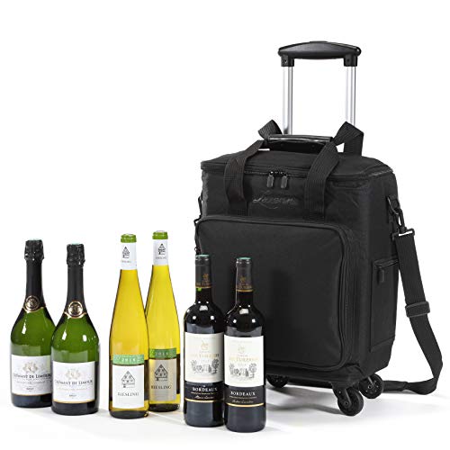 Lazenne Wine Bags for Travel - 6 Bottle Wine Bag/Wine Carrier - Wine Luggage for Professionals and Consumers. 3-in-1 Wine Tote, Rolling Suitcase and Insulated Cooler Bag with Removable Dividers
