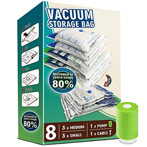Vacuum Storage Bags with USB Portable Electric Pump, Vacuum Sealer Bags for Travel Luggage, Clothes, Clothing, Space Saver Bags for Travel and Camping (8 Pack)